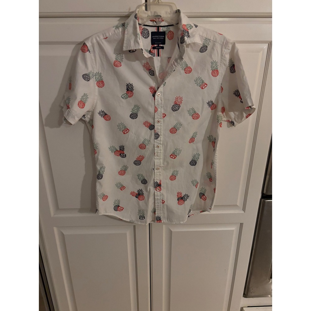 DENIM & FLOWER Men White Pineapple Print Slim Fit Short Sleeve Button Up Shirt M